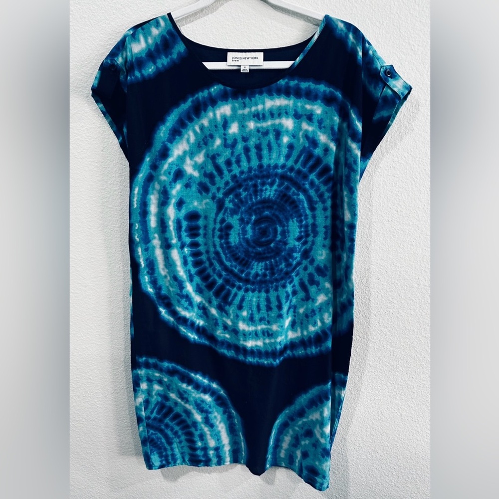 Jones New York sport Tie-Dye Spiral Shift Dress in Teal & Navy size 4